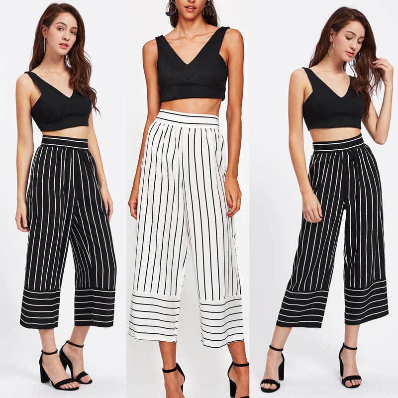 New Summer Women Casual High Waist Bandage Pants Fashion Ladies Striped Wide Leg Loose Long Pants Trousers