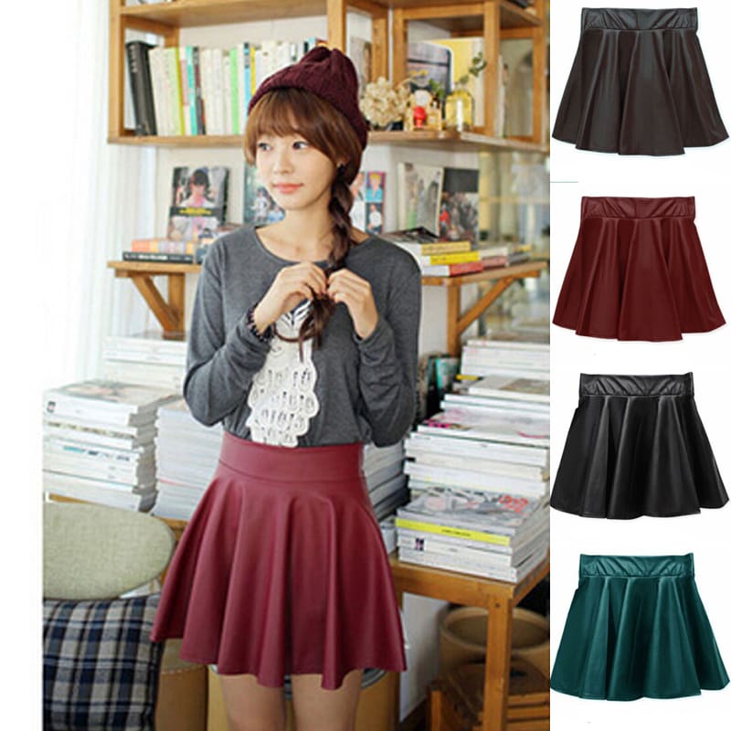 Women Slim PU Skirt High Waist Short Mini Skirt Pleated Party Faux Leather Skirts