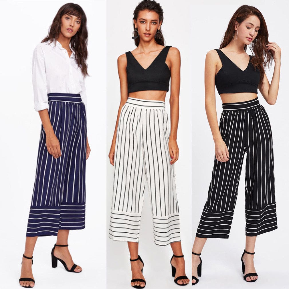 New Summer Women Casual High Waist Bandage Pants Fashion Ladies Striped Wide Leg Loose Long Pants Trousers