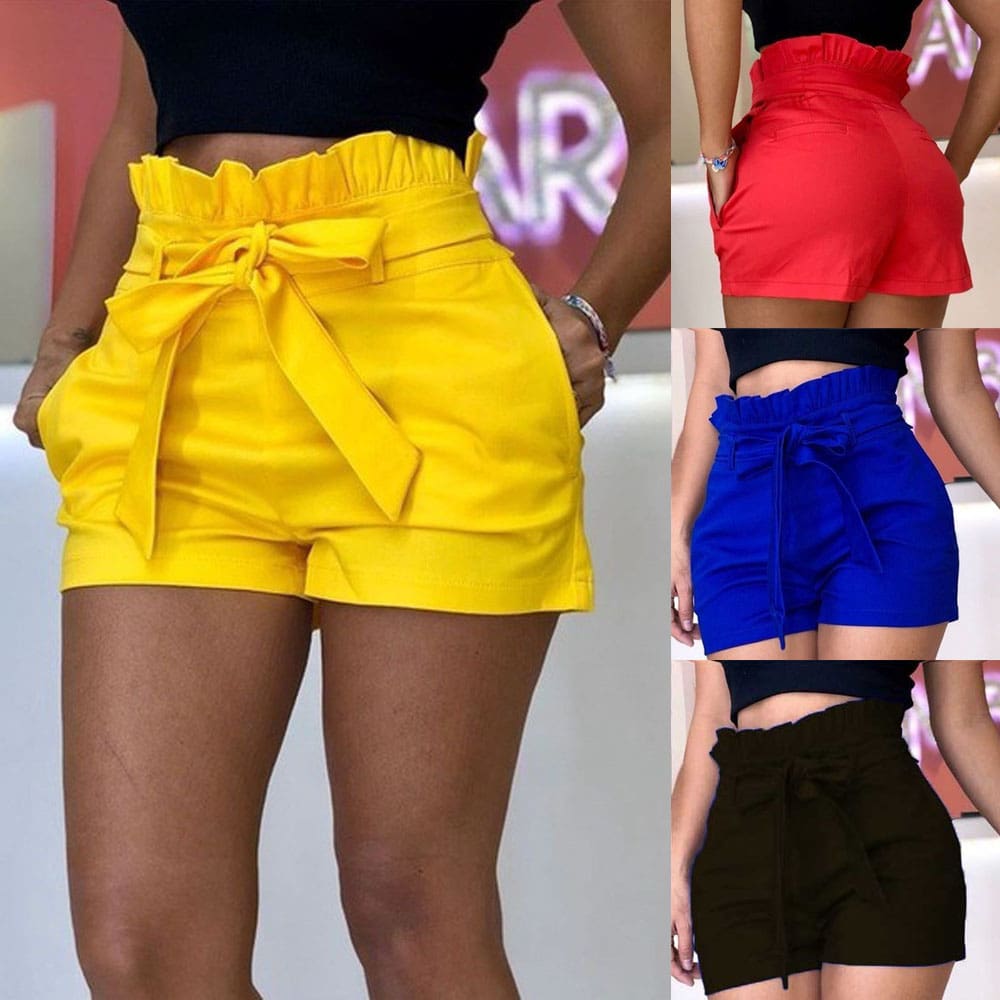 Women Casual Candy Color Hot Shorts Belt Beach Harem Elastic High Waist Stylish Loose Short Trouser