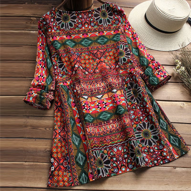 Plus Size Women Summer Floral Crew Neck Tops New Fashion Long Sleeve Loose Baggy Tops Tunic Casual Floral Print T-Shirts Top