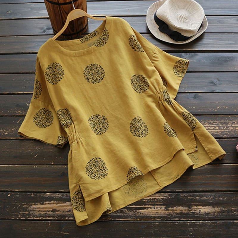 New Women Casual Summer Floral Vintage Round Neck Shirt Fashion Short Sleeve Coin Dots Loose Cotton T-Shirt