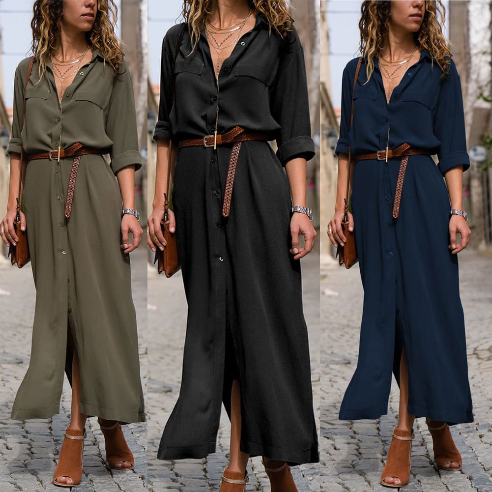 Elegant Women Sexy V Collar Long Maxi Dress OL Ladies Casual Long Sleeve Solid Holiday Summer Beach Sundress