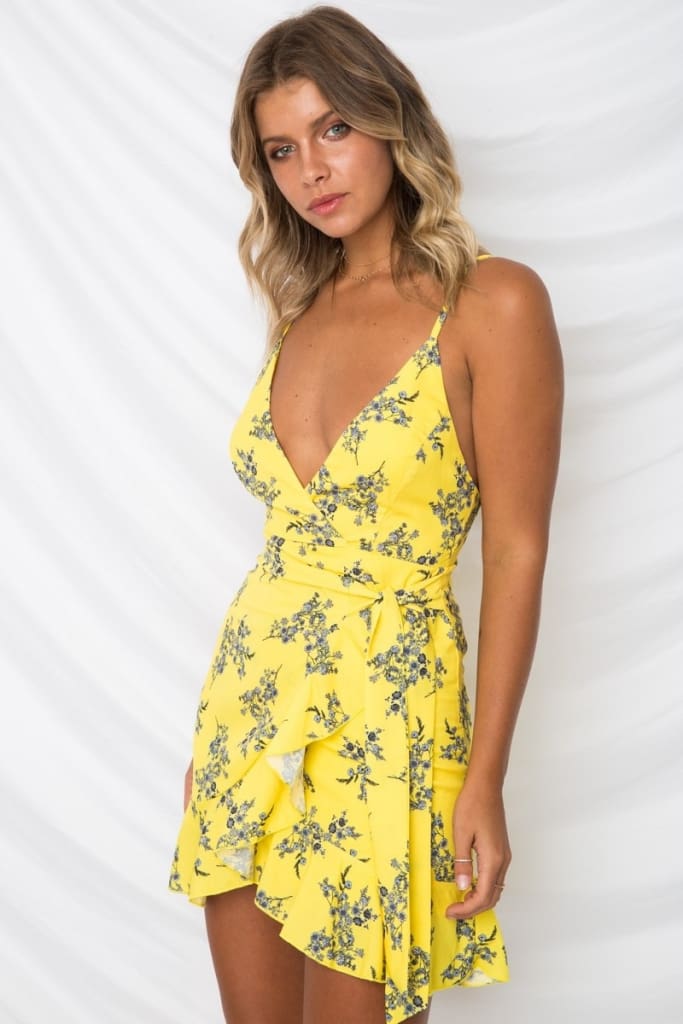 Print Ruffled Wrap Dress Women Strap Mini Sundress