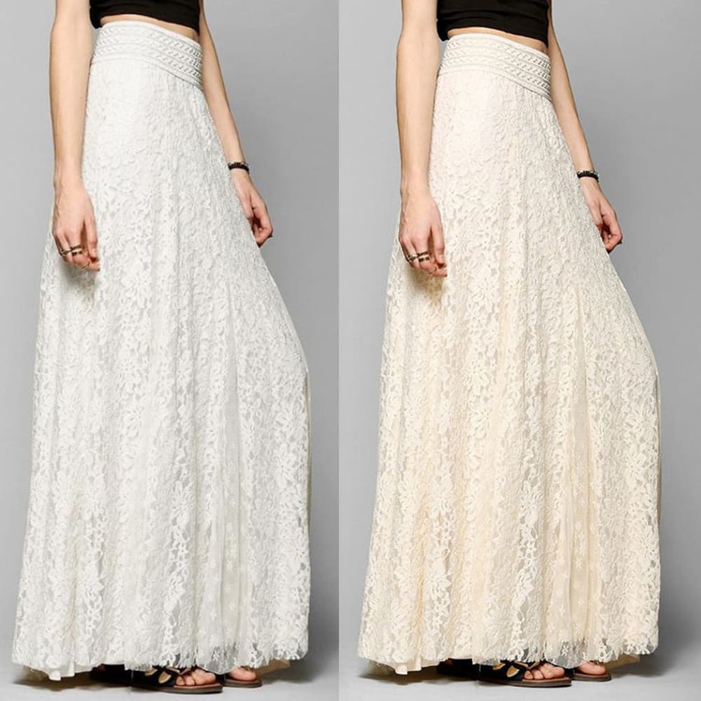 New Fashion Women High Waist Beach Skirt Stretchy Double Lace Layer Chiffon Maxi Casual Long Skirt Summer Beach Sundress