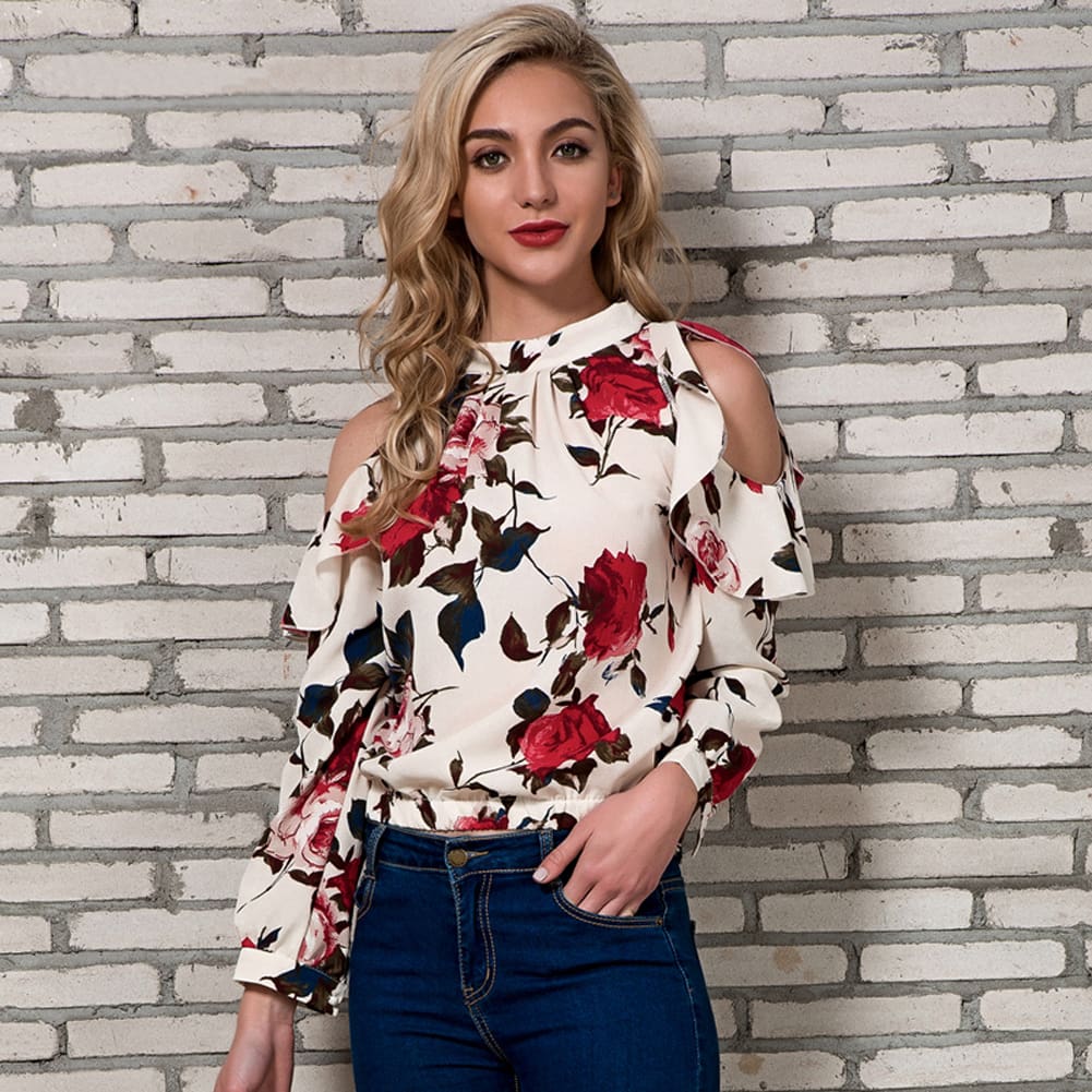 Fashion Boho Women Summer Floral Chiffon Shirt Tops Elegant Ladies Casual Long Sleeve Crew Neck Loose Blouse Shirts