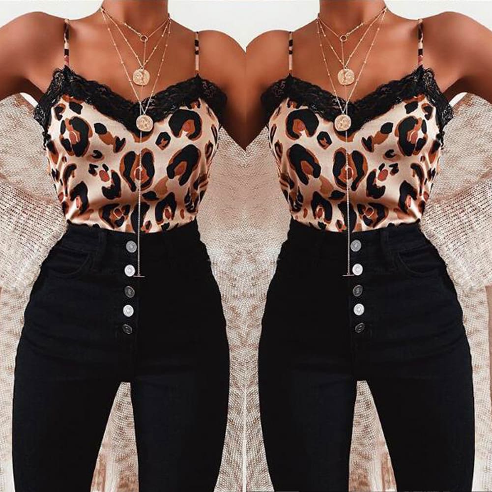 Women Casual V Neck Leopard Print Lace Camisole Ladies Summer Holiday Tank Vest Blouse Cami Crop Tops New