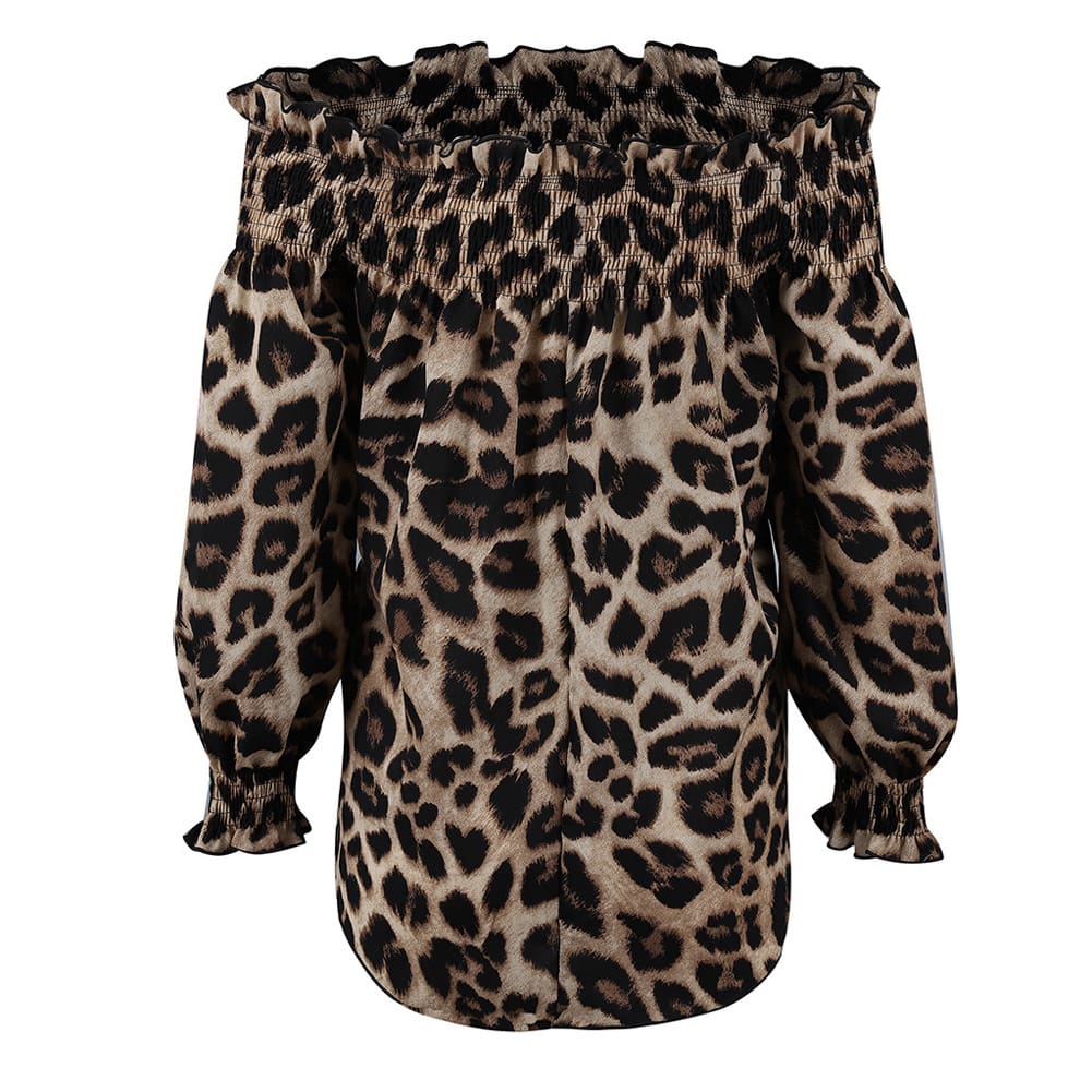 Fashion Women Off Shoulder Blouse Hot Sexy Ladies Leopard Print Long Sleeve Loose Holiday Casual Blouse Tops