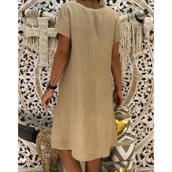 Ladies Women Summer Vestido Short Sleeve T-shirt Dress Solid Cotton Linen Casual Loose Dress Holiday Sundress