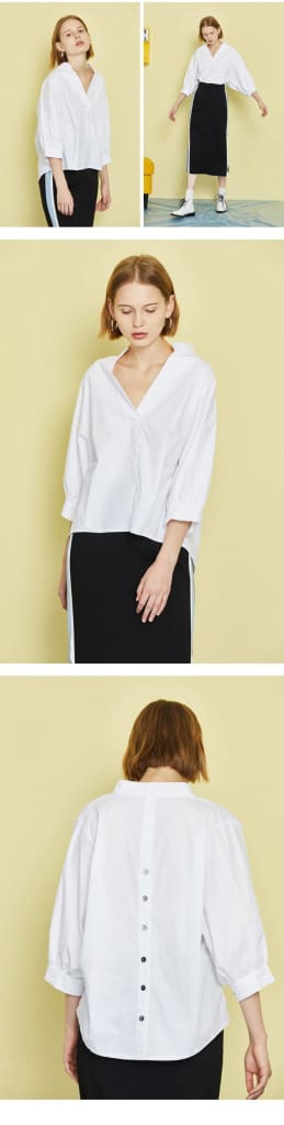 Women Loose Blouse Cotton Back Button Solid V-Neck Casual Shirt