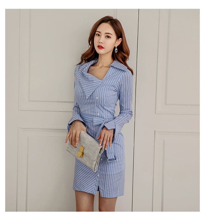 Lady Elegant Striped Short Dress Long Sleeve Pencil Dress