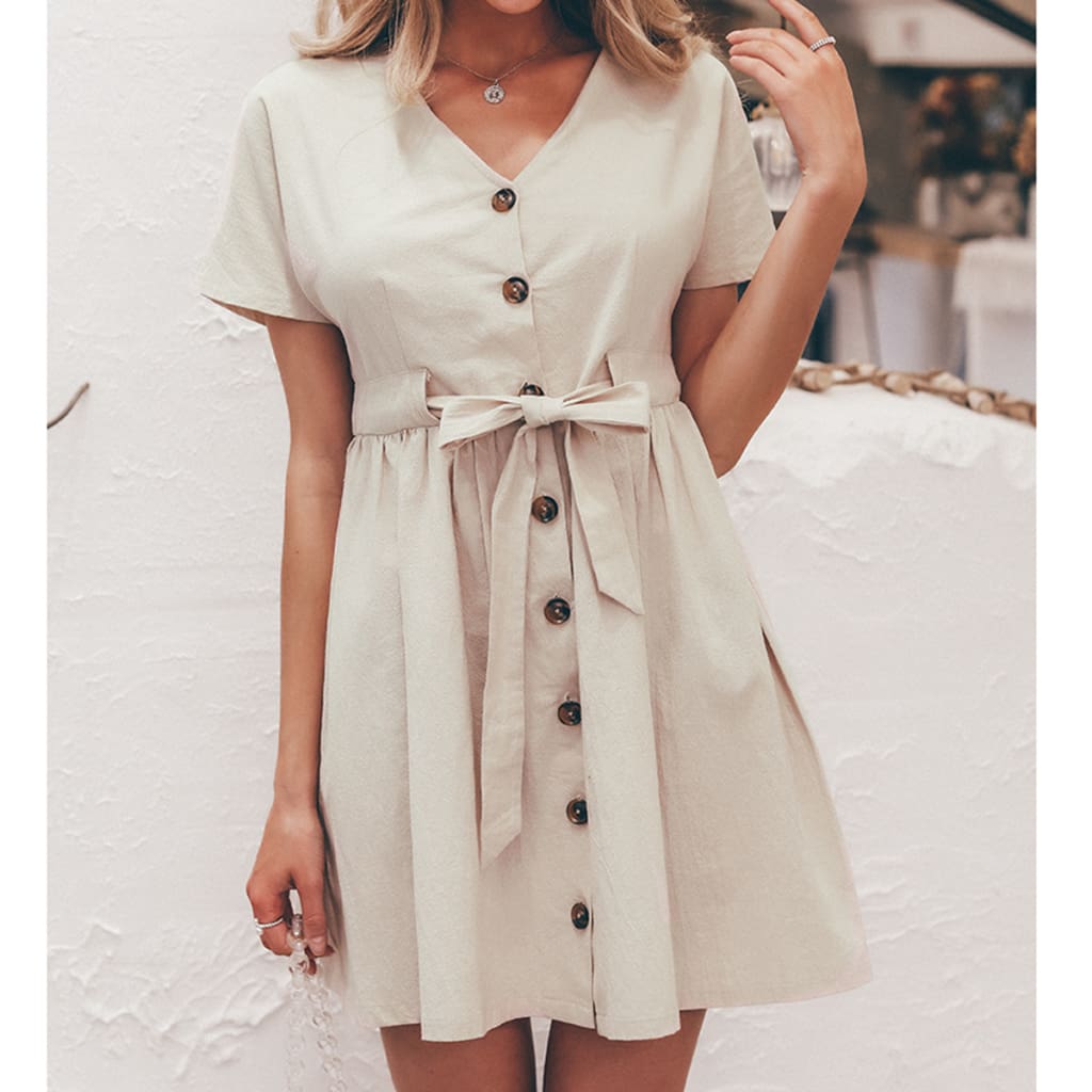 Fashion Women Boho Cotton Linen Sundress Ladies Summer Short Sleeve Holiday Beach Button Loose Solid Short Dress