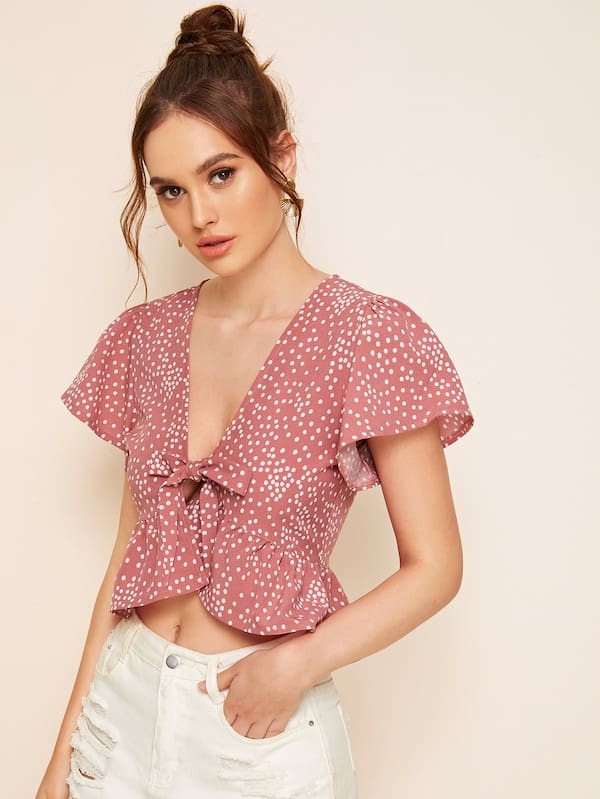 2019 Fashion Summer Women Ruffle Polka Dot Tops Ladies Casual Hem Tie Front Top Bow V Neck Blouse Tops Shirt