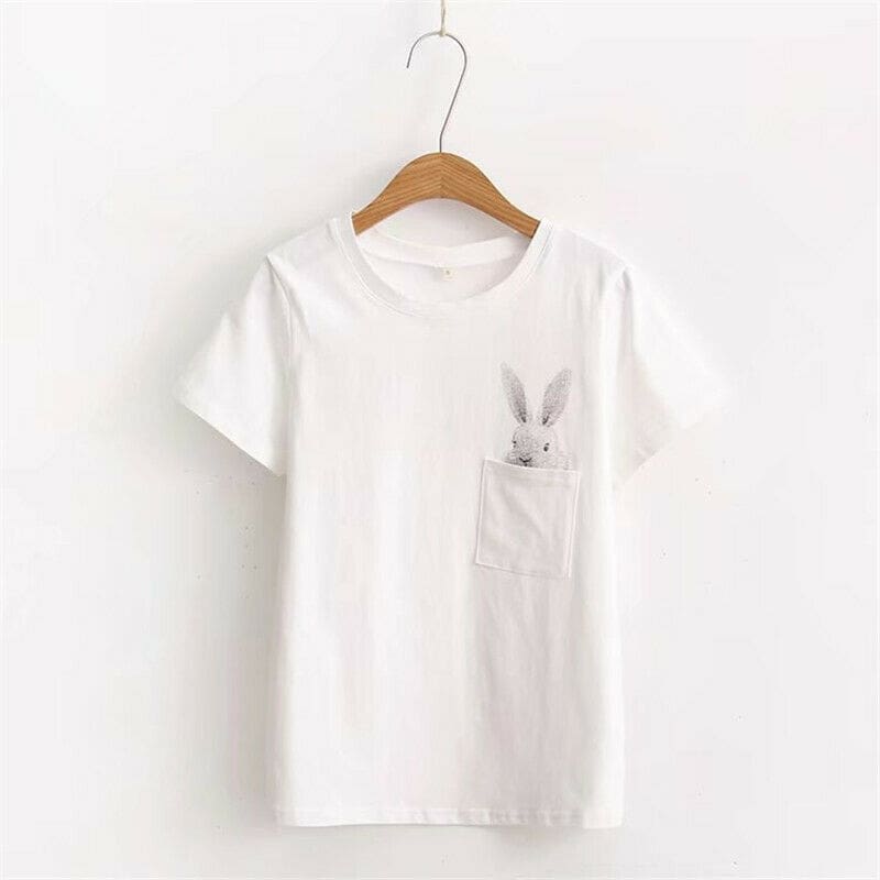 New Women Casual T-shirt Short Sleeve Ladies Loose Casual Summer Tops Cartoon Bunny Pocket Short Sleeve Tops