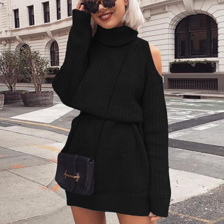 Autumn Winter Turtleneck Off Shoulder Knitted Sweater Dress Women