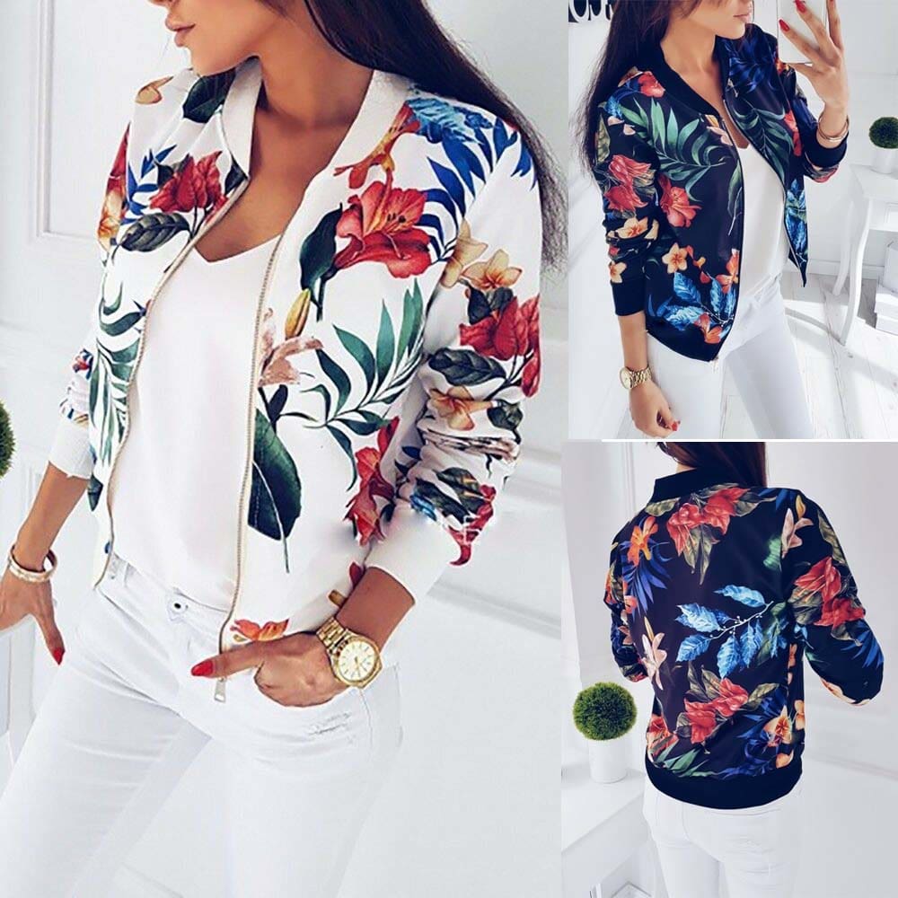 Retro Floral Printed Short Jacket Woman Zipper Bomber Female Spring Outwear Casual Long Sleeve Fashion Womens Clothes