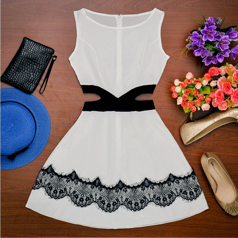 Summer Women Dress OL Lady Sleeveless O-neck Lace Patchwork Casual Slim Fit Hollow Out Mini Waist Dress white black