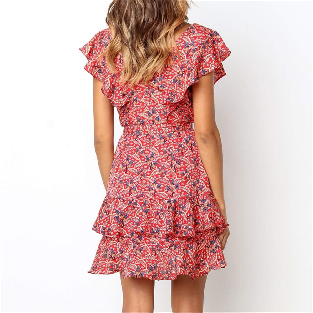 Boho Women Ladies Summer Beach Mini Dress Fashion Floral Holiday V Neck Ruffle Sundress Casual Clothing New