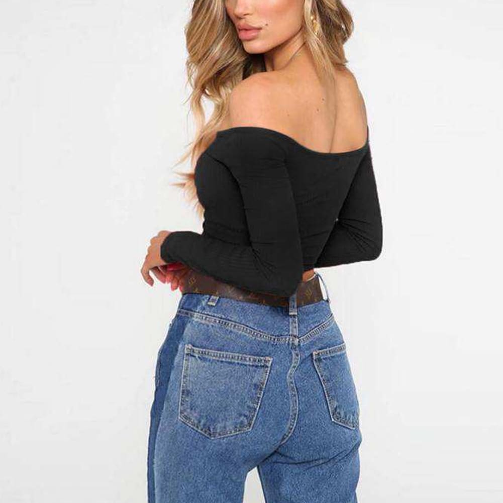 New Women Summer Casual Off Shoulder Tops Vest Shirt Long Sleeve Solid Crop Top Shirt Pullover Slim Tee Streetwear