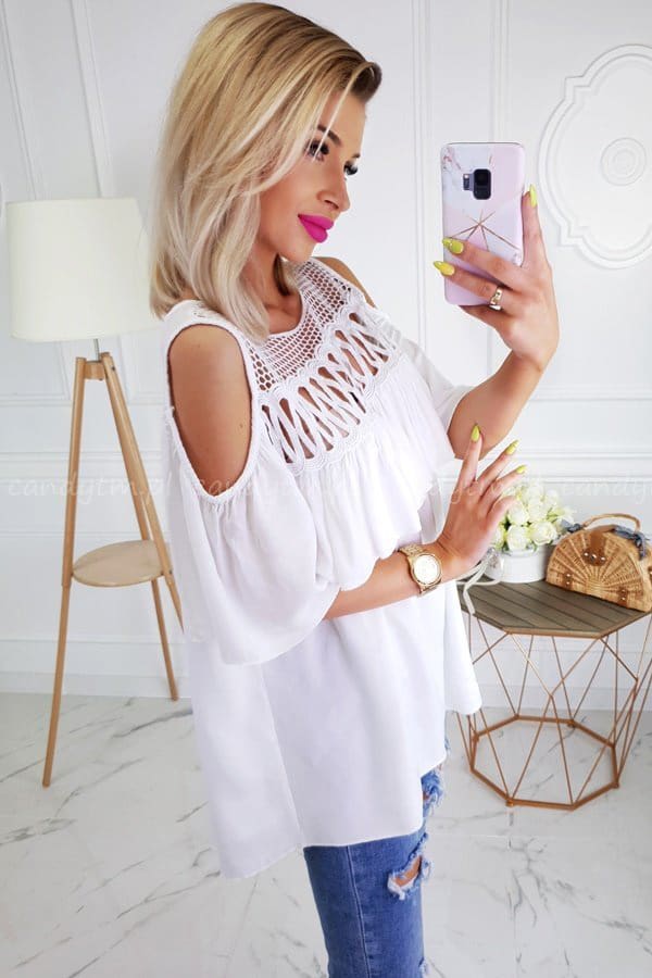 Summer Ladies Mesh Openwork Short Sleeve Tops Shirt Women Casual Loose Ruffled Off-Shoulder Blouse Shirt