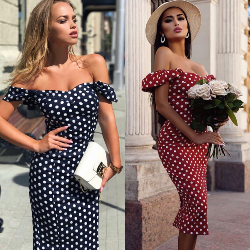 New Women Summer Boho Polka Dot Dress Ladies Casual Bodycon Off Shoulder Party Evening Beach Pencil Sundress