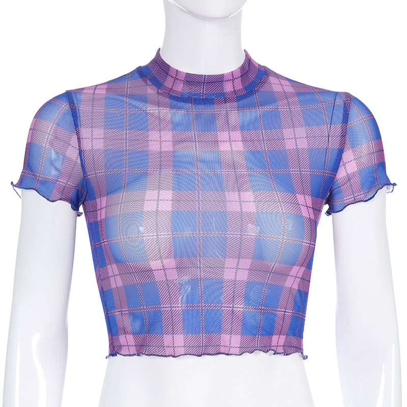 Fashion Summer Women Plaid Sheer Mesh Crop Tops Ladies Short Sleeve Sexy See-through Seamless Shirt Summer Clothes