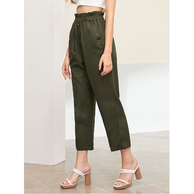 Treny Women Summer High Waist Frill Waist Button Front Straight Leg Pants Elastic Crop Pants Belt Harem Trousers