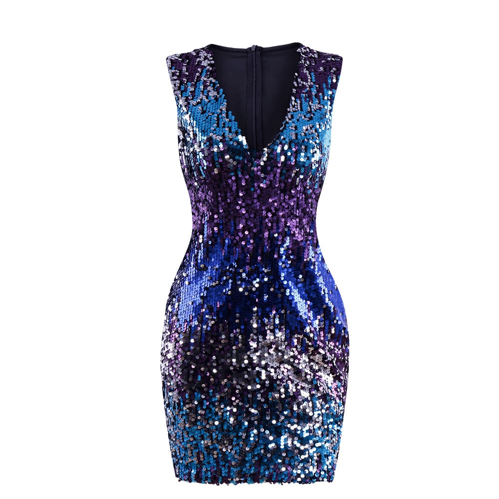 Fashion Women Summer Sleeveless V-Neck Bodycon Sequin Party Short Mini Dress Ladies High Waist New Sexy Party Dress