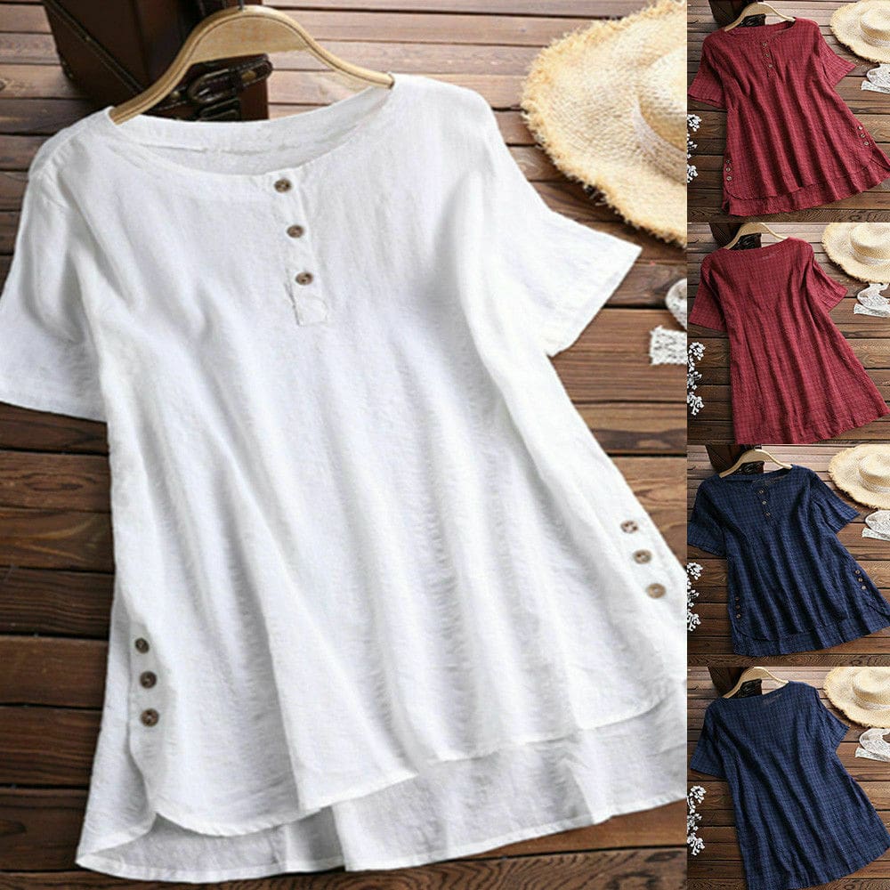 Plus Size Women Summer Button Crew Neck Blouses Loose Baggy Tops Tunic Shirts Ladies Casual Solid Short Sleeve Blouse