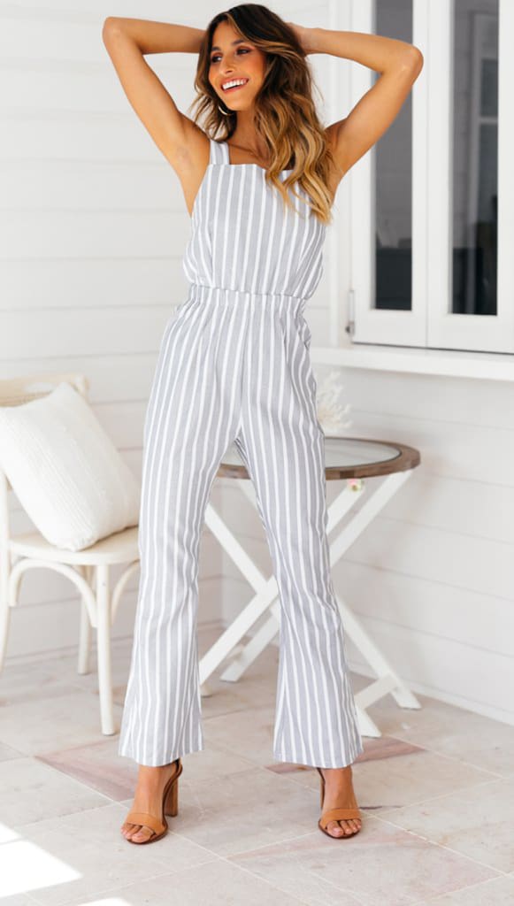 Ladies Women Summer Striped Bodycon Jumpsuit Sleeveless Clubwear Wide Leg Backless Pant Summer Outfits V-neck Long Trousers