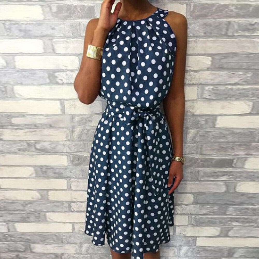 Women Sleeveless Polka Dot Midi Dress 2019 Fashion Ladies Summer Beach Casual Bandage Belt Dress Sundress