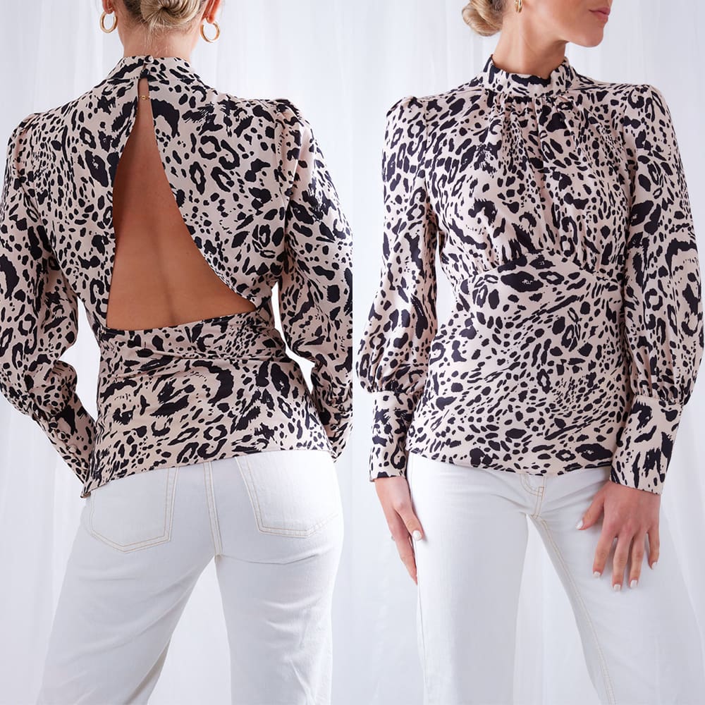 New Fashion Women T Shirt Leopard Print Long Sleeve Backless Sexy OL Ladies Casual Turtleneck Tops Shirt