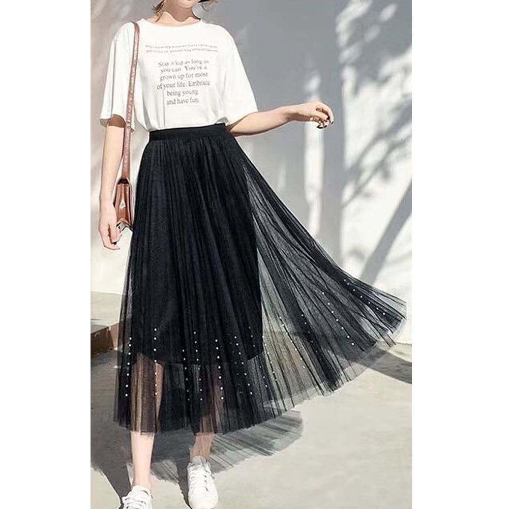 Women Lady A-line Tutu Elastic Waist Mesh Long Maxi Skirts Party Three Layer Chiffon Pleated Retro Lace Skirt