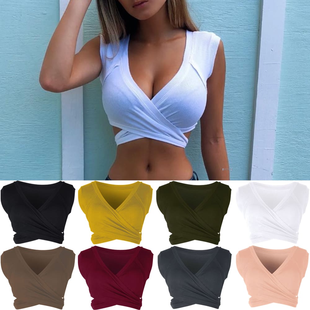 Women Casual Sleeveless Tank Tops Ladies Sexy V Neck Bandage Solid Vest Crop Short Shirt