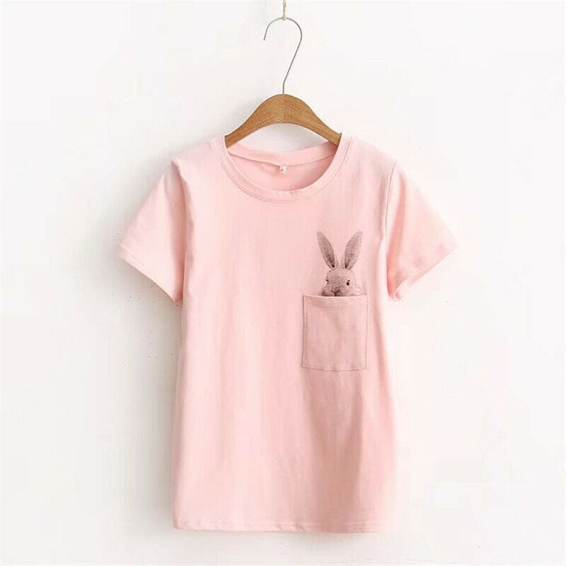 New Women Casual T-shirt Short Sleeve Ladies Loose Casual Summer Tops Cartoon Bunny Pocket Short Sleeve Tops