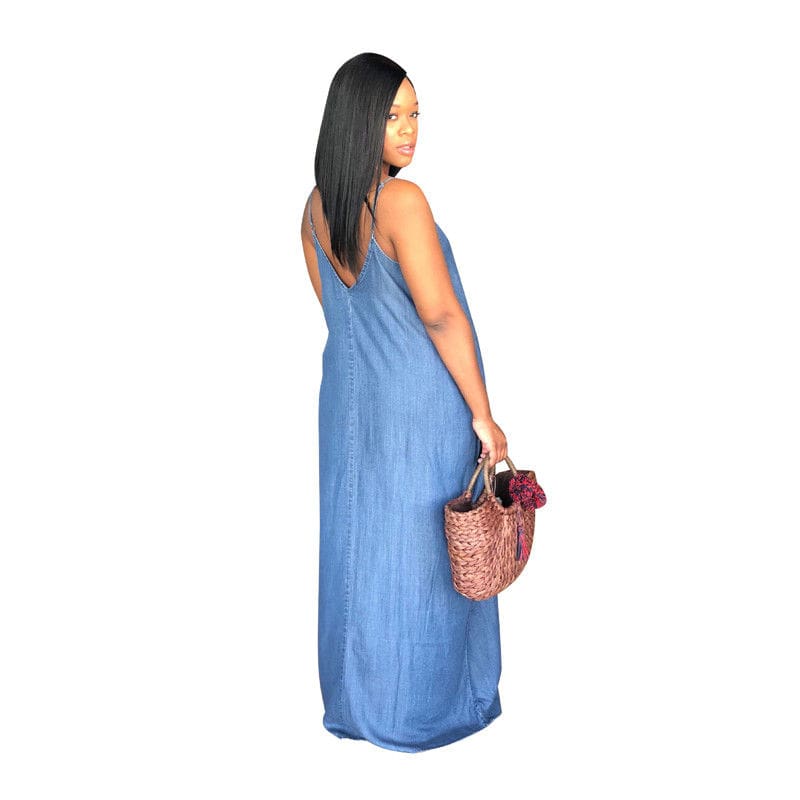 Ladies Boho Backless Summer Long Denim Maxi Dress