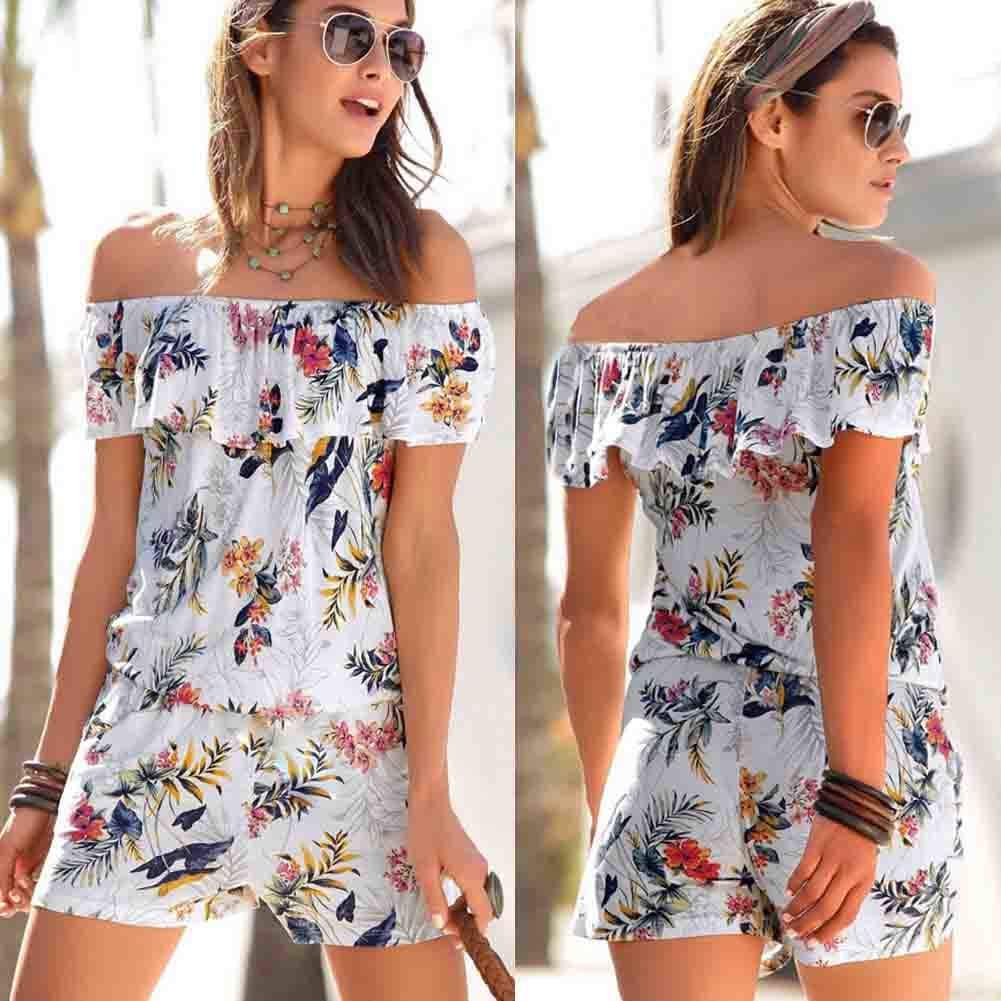 Women Boho Off Shoulder Outfits Fashion Flower Sleeveless Pants Summer Holiday Casual Short Jumpsuit Rompers Trouser