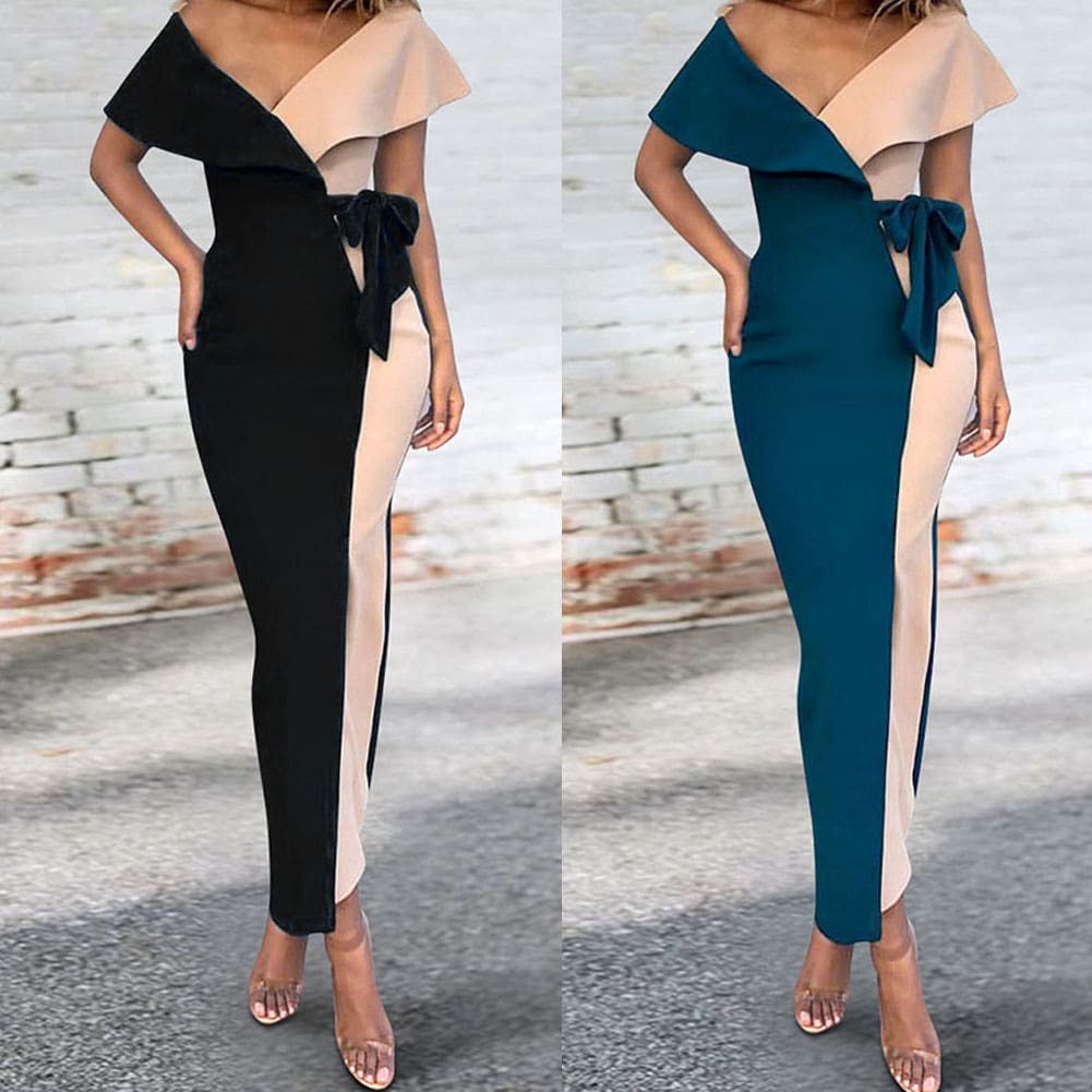 Fashion Women Sexy Deep V-Neck Splicing Prom Evening Party Elegant Ladies Summer Bodycon Casual Long Dress Plus Size