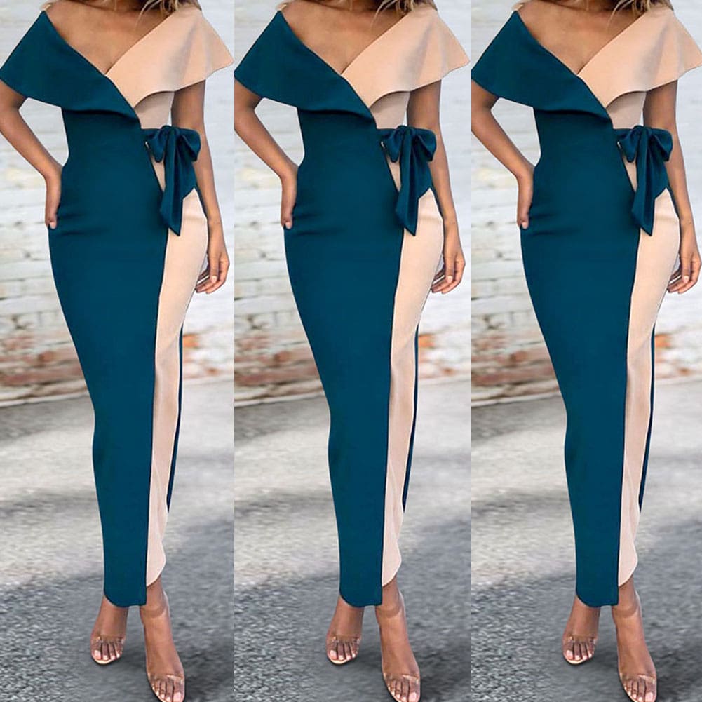 Fashion Women Sexy Deep V-Neck Splicing Prom Evening Party Elegant Ladies Summer Bodycon Casual Long Dress Plus Size