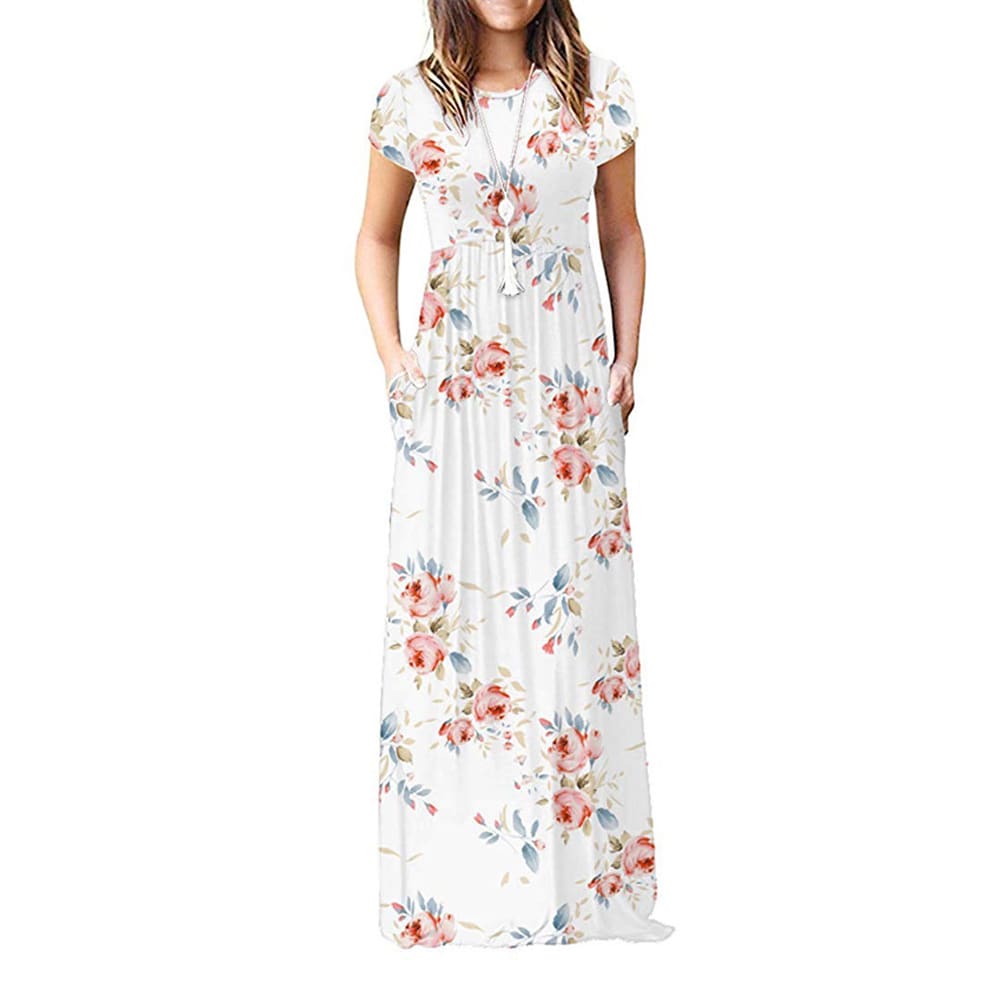 Summer Short Sleeve Long Dress Floral Print Boho Beach Dress Tunic Maxi Dress