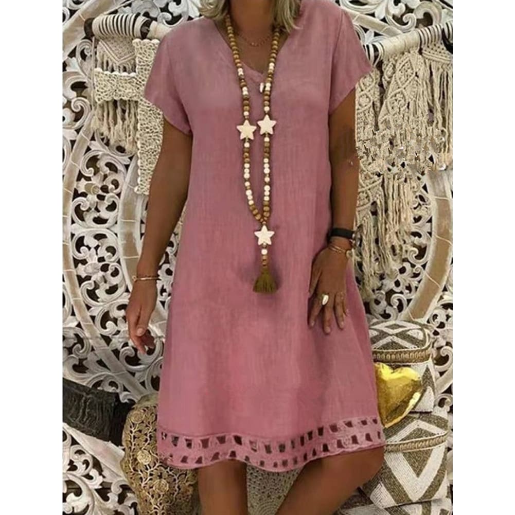 Women Summer Boho Short Sleeve Dress Solid V Neck Beach Loose Tops Dresses