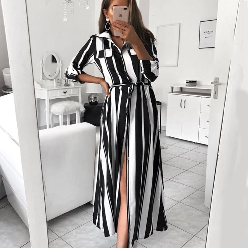 Stripe Turn-Down Collar Button Autumn Summer Long Sleeve Dress