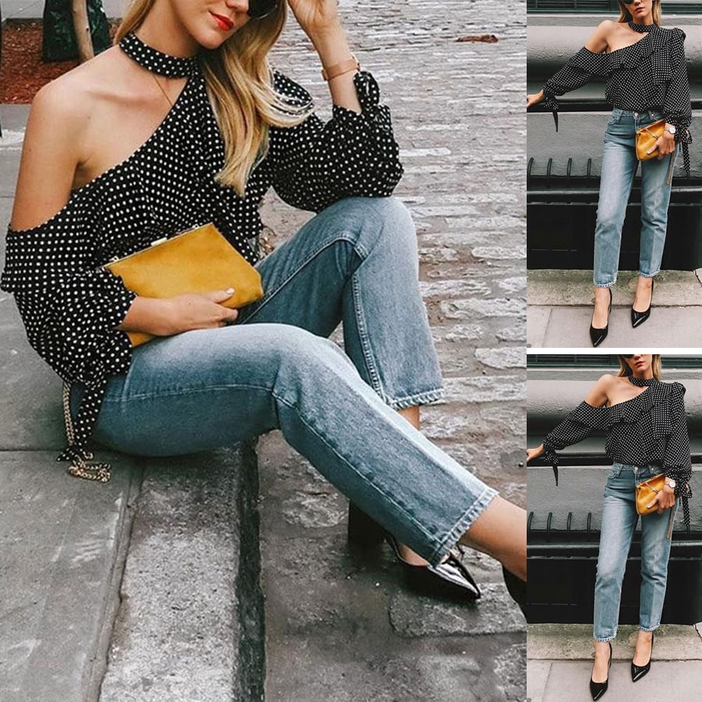 Fashion Women Polka Dot Casual Tops Sexy Ladies Halter Blouse One Shoulder Long Sleeve Loose Shirts Women Clothing