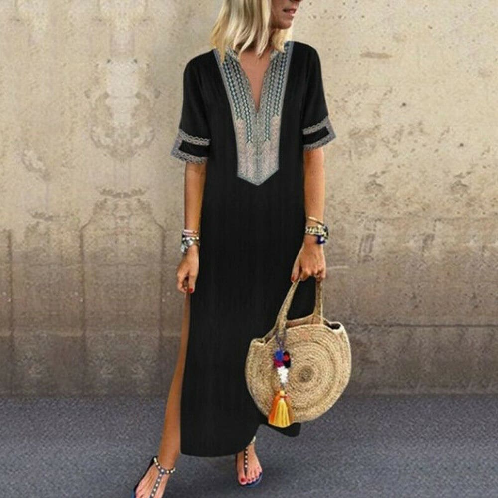 Womens Bohemian Floral Print Split Cotton Linen Maxi Dress Deep V Neck Long Sleeve Summer Casual Party Dresses Plus Size