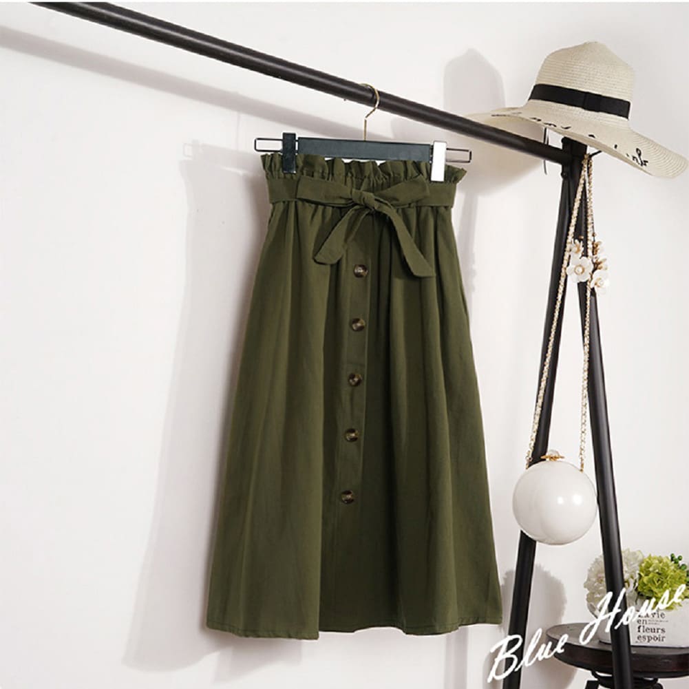 Fashion A-Line Skirt Women Casual Elastic High Waist Loose Summer OL Ladies Pocket Button Midi Long Skirt