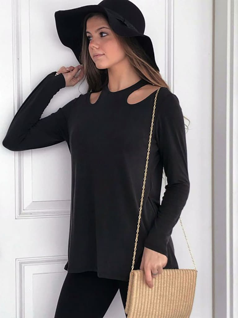 Women Long Sleeve Shirt Tops Ladies Crew Neck Solid Casual Hollow Out Blouse