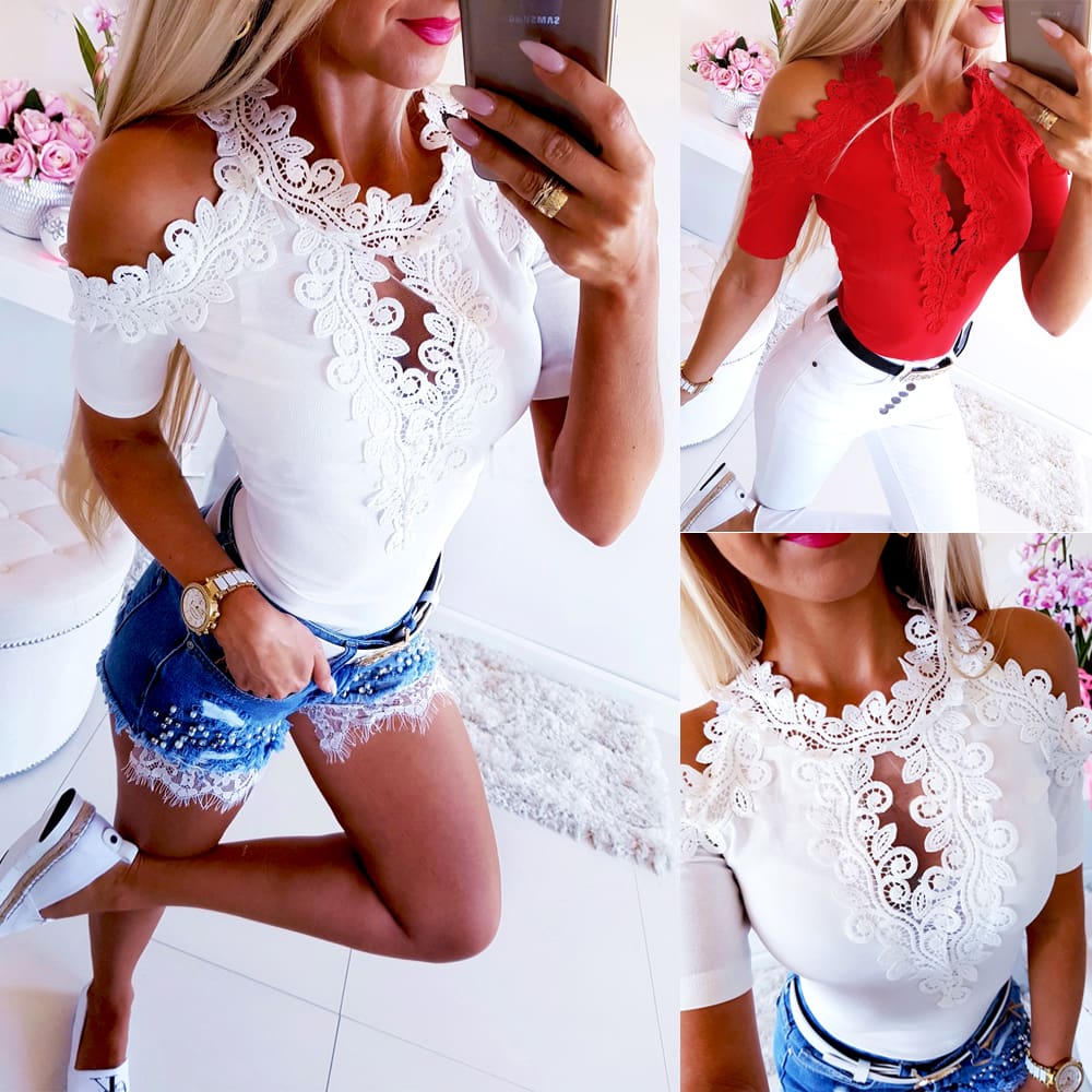 Women Cold Shoulder Shirt Tops New Fashion Ladies Short Sleeve Lace Hollow Out Summer Solid Casual Shirts Blouse