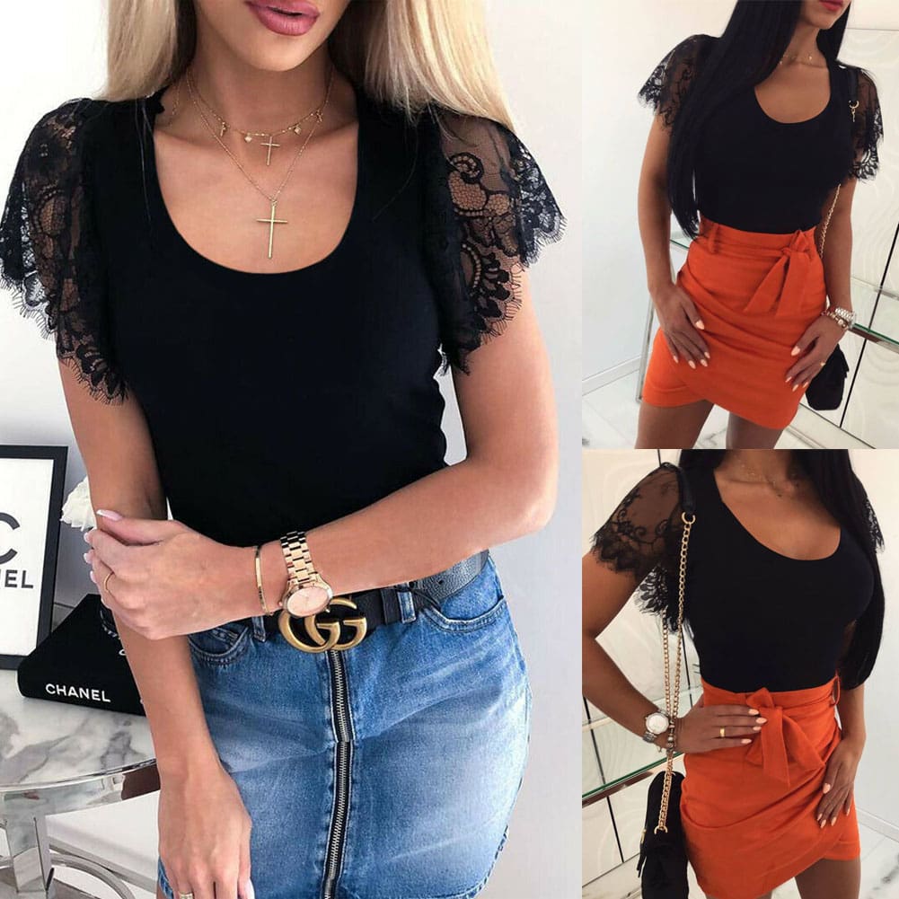 Hot Women Summer Sexy Lace Short Sleeve Loose Simple O-Neck Mesh Blouse Tops Fashion Solid Casual Black Shirt