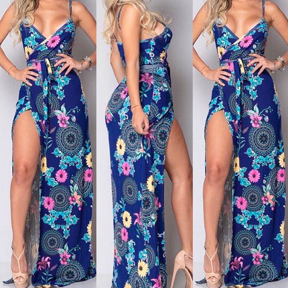 New Women Summer Vintage Boho Sleeveless Long Maxi Dress Ladies V-Neck Fashion Beach Party Dress Sundress