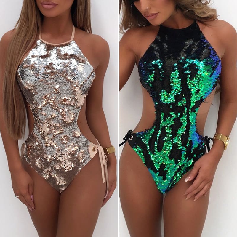 Women Sequin Shiny Bikini Set One Piece Beachwear Swimsuit Backless Lace-up Gradient Monokini Women Push Up Bathing